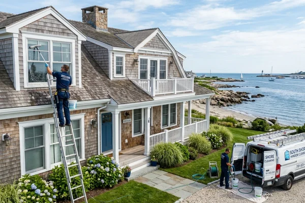 Professional window cleaning services on a South Shore waterfront home with technicians cleaning upper-story windows and preparing equipment below.