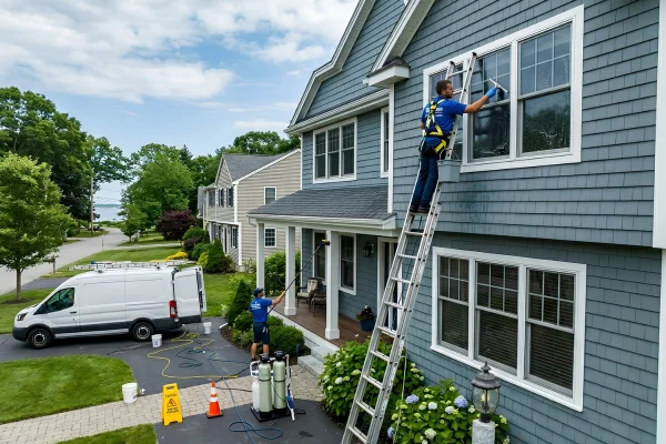 Technician cleaning exterior windows on a coastal Massachusetts home.