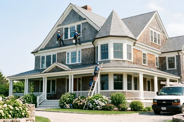 Window cleaning technicians using rope access to clean third-story windows on a large coastal South Shore property