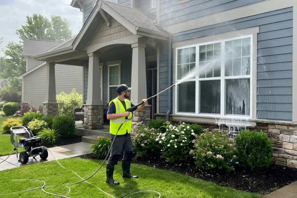 Technician pressure washing the siding and windows of a two-story home